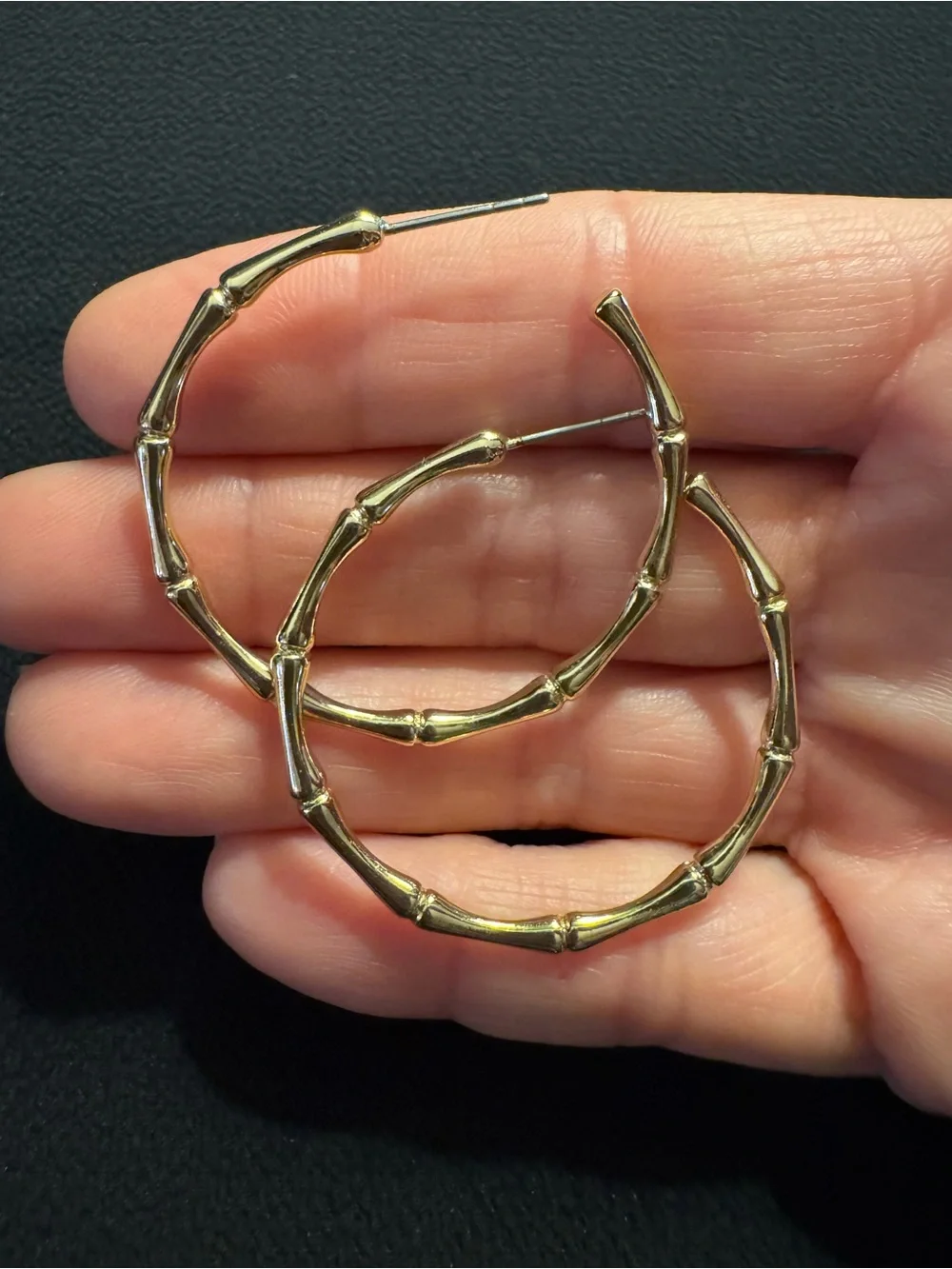 Gold Tone Bamboo Hoop Earrings 1.25”